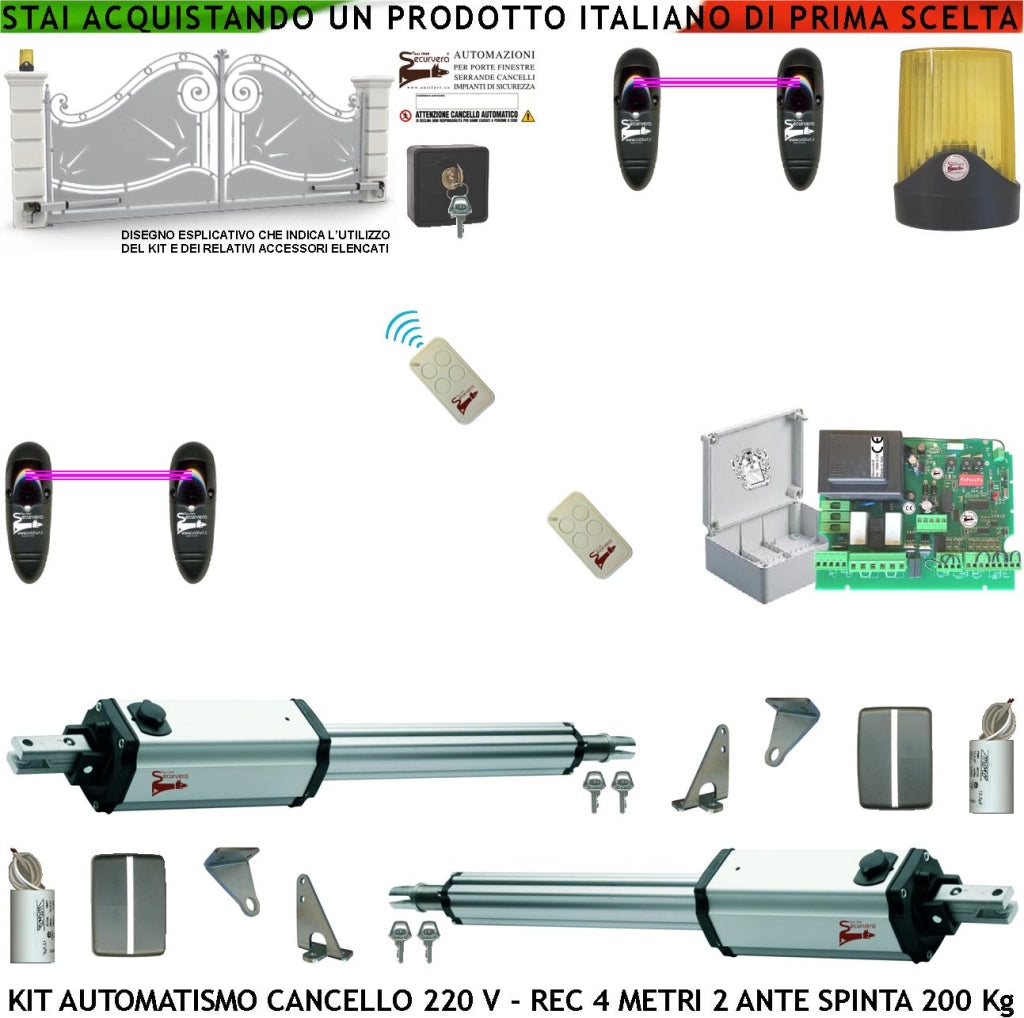 Automazione Cancello 4 MT 2 Ante Kit 2 Motori 230 V Stelo Retrattile 2 Radiocomandi 2 Coppie Fotocellule Faro Selettore Cartello Monitore Centrale Riprogrammabile Luce di Cortesia Apertura Pedonale