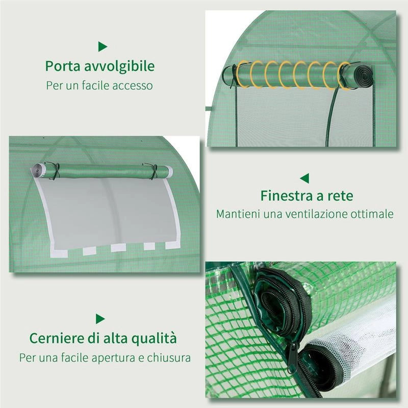 SERRA DA GIARDINO A TUNNEL CON PORTE E FINESTRE AVVOLGIBILI IN PE 180X180X200CM