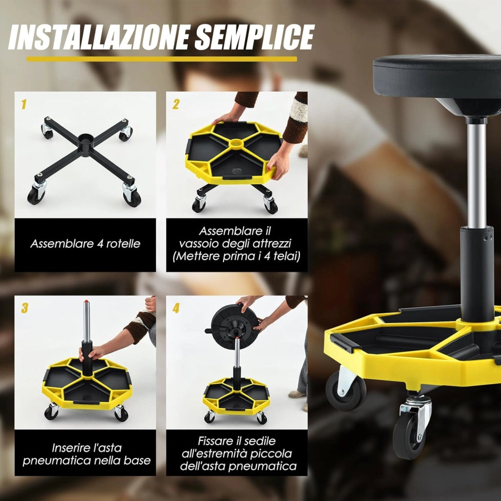 COSTWAY Sgabello da Officina con Ruote, con Ripiano per Attrezzi e Viti, Portata di 150 kg, Altezza Regolabile e Girevole, Sedia Meccanico per Garage, Officina (Giallo)