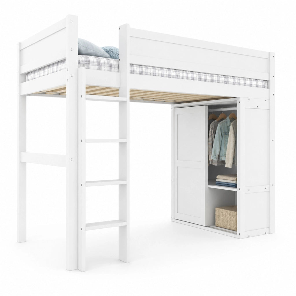 Letto a soppalco 90x200 cm bianco con armadio e vano contenitore
