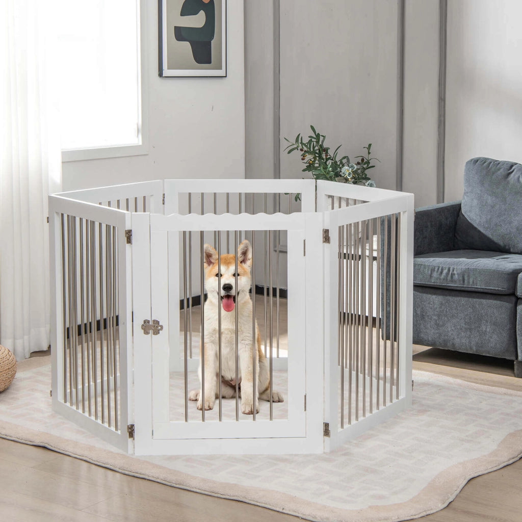 Freestanding 6-Panel Dog Gate with 4 Support Feet for Stairs-White
