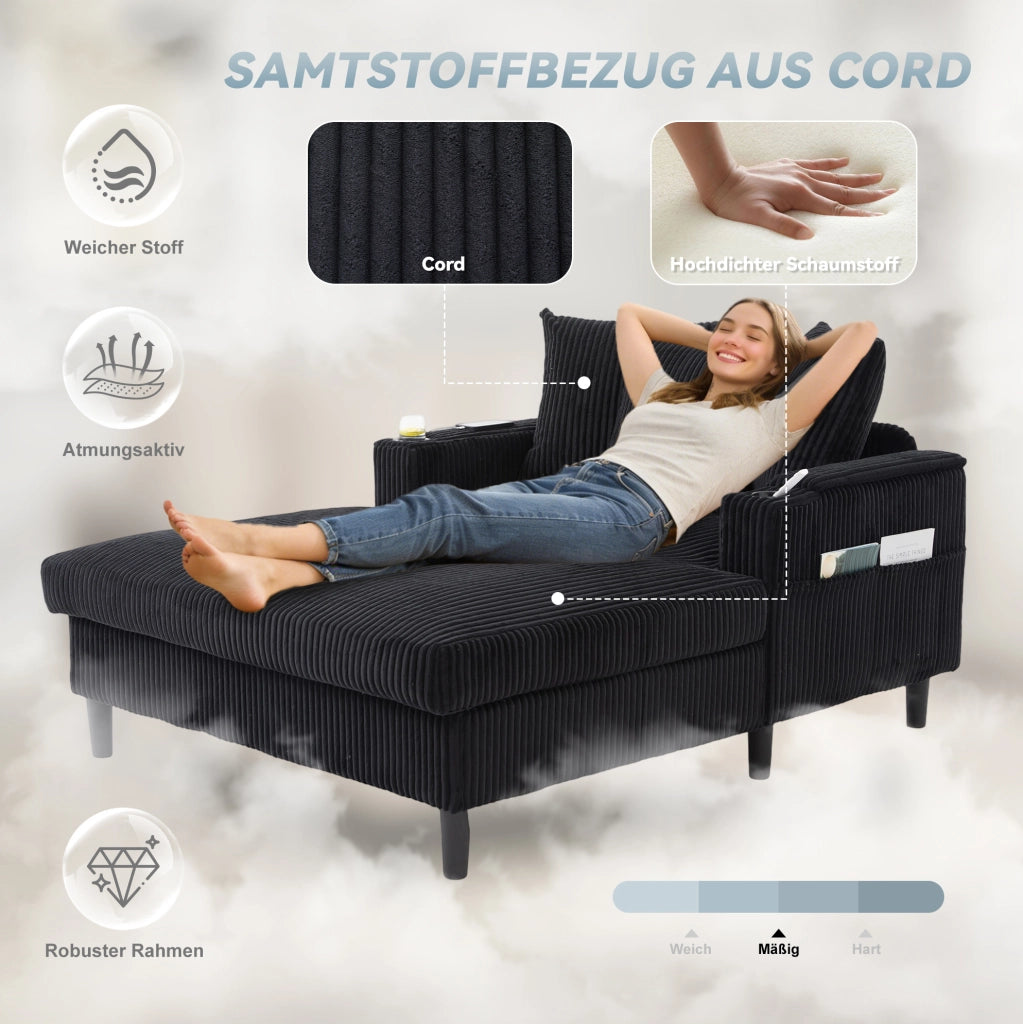 Chaise longue in velluto a coste nero con LED e USB