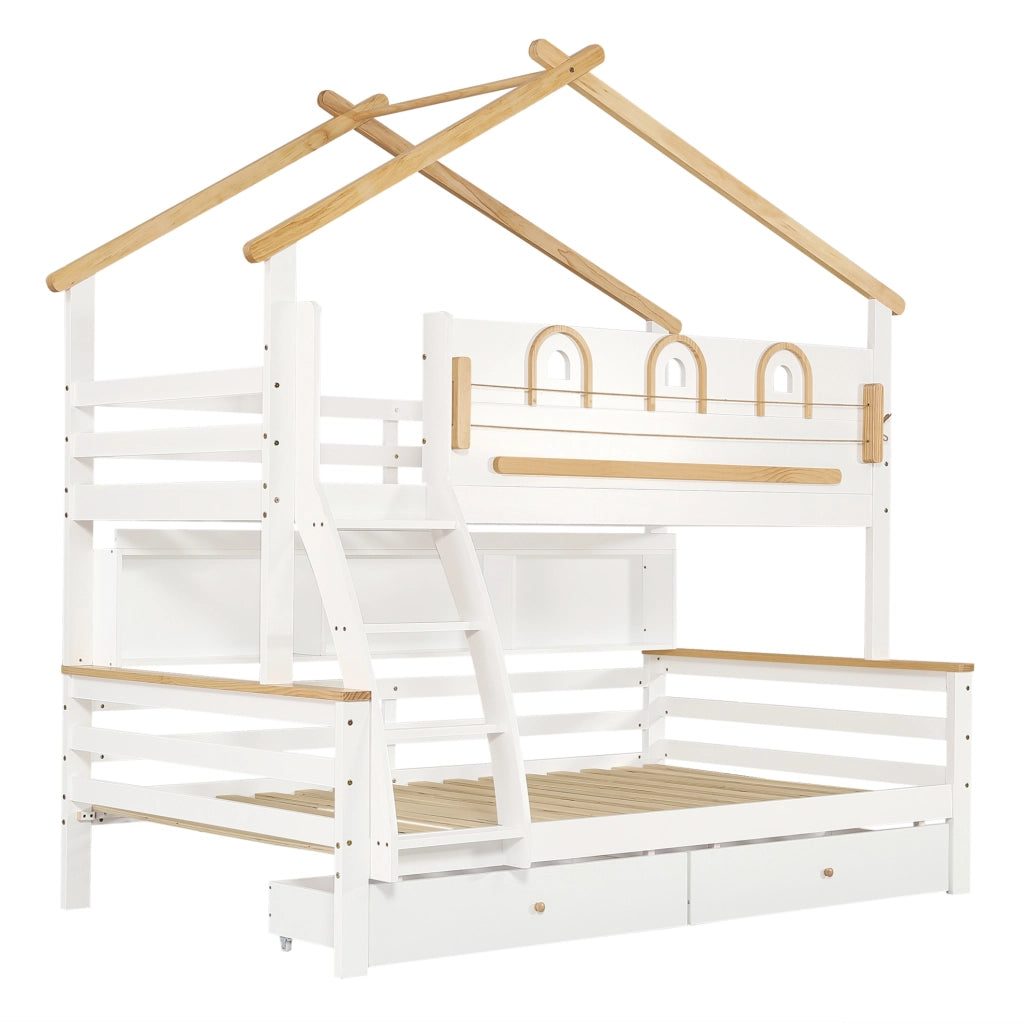 Letto a castello per ბავშვi con 2 cassetti su ruote; scala inclinata e tetto; 90x200 cm; bianco e naturale