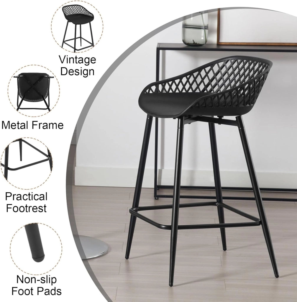 Sgabelli da Bar Set di 2 per Colazione, Sgabelli da Cucina con Poggiapiedi e Schienale, Seduta in Plastica, Neri, BH417sz-2