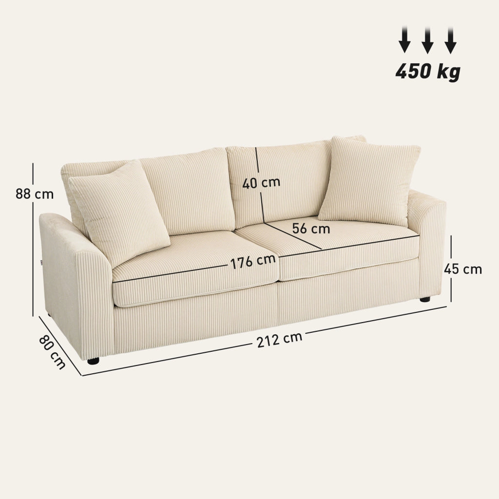 Divano 3 Posti in Tessuto Velluto Trapuntato con Cuscini a Molle ¨C zephmum ¨C Cr¨¨me 212 cm