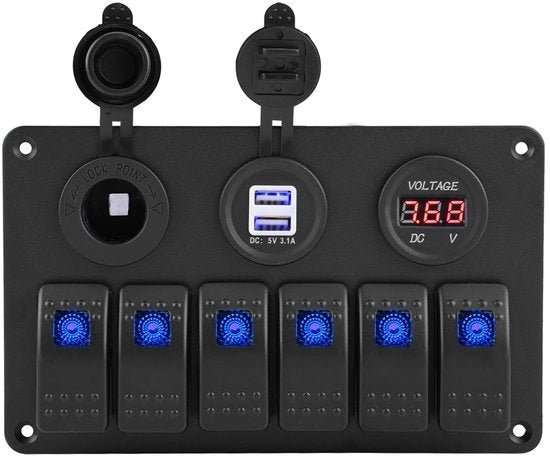 Pannello a 6 gang con interruttore a manopola, USB e contatore di tensione per veicoli 12V/24V e barche