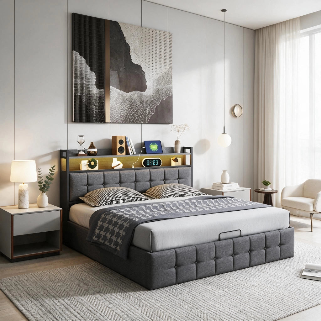 Letto matrimoniale 160x200 cm con contenitore LED USB testiera struttura letto MDF e PU - grigio