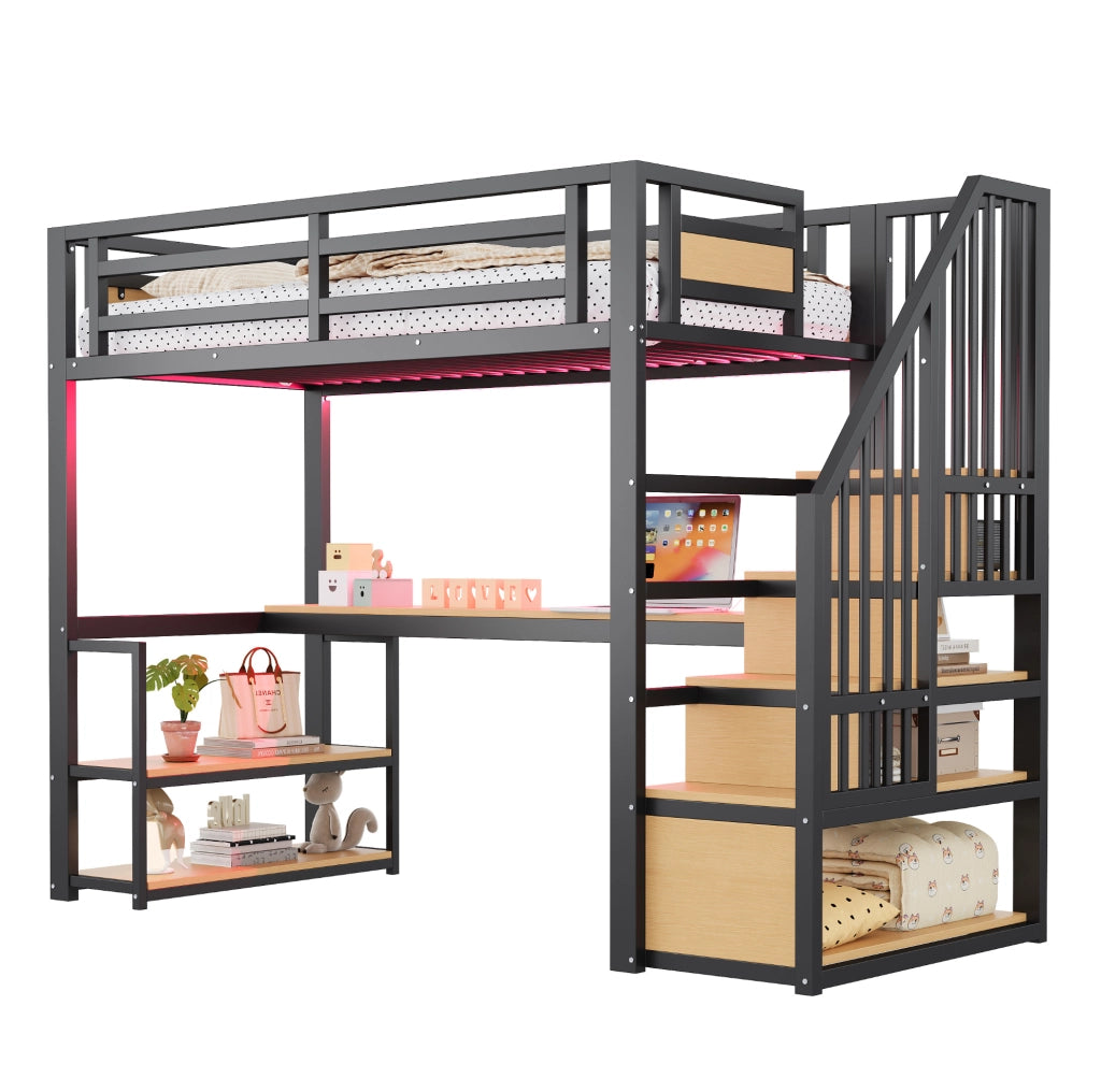 Letto a soppalco 90x200 cm con scrivania; ripiani e scala contenitore in metallo nero