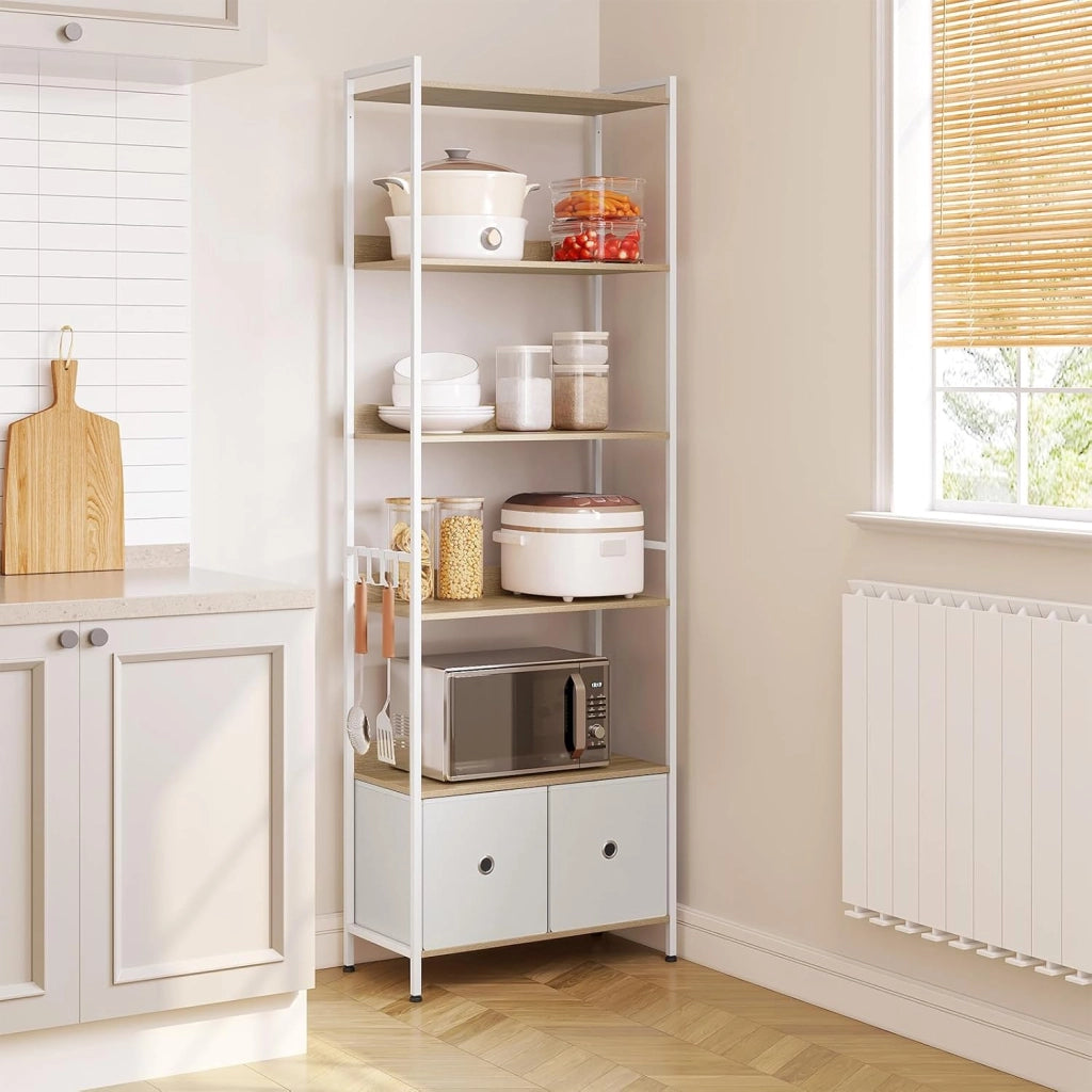 Libreria a 5 Piani con 2 Cassetti, Scaffale di Stoccaggio a Pavimento, Moderno, Struttura in Acciaio, Soggiorno/Ufficio/Studio/Cucina/Camera da Letto, Rovere Chiaro+Bianco, RGB62whe
