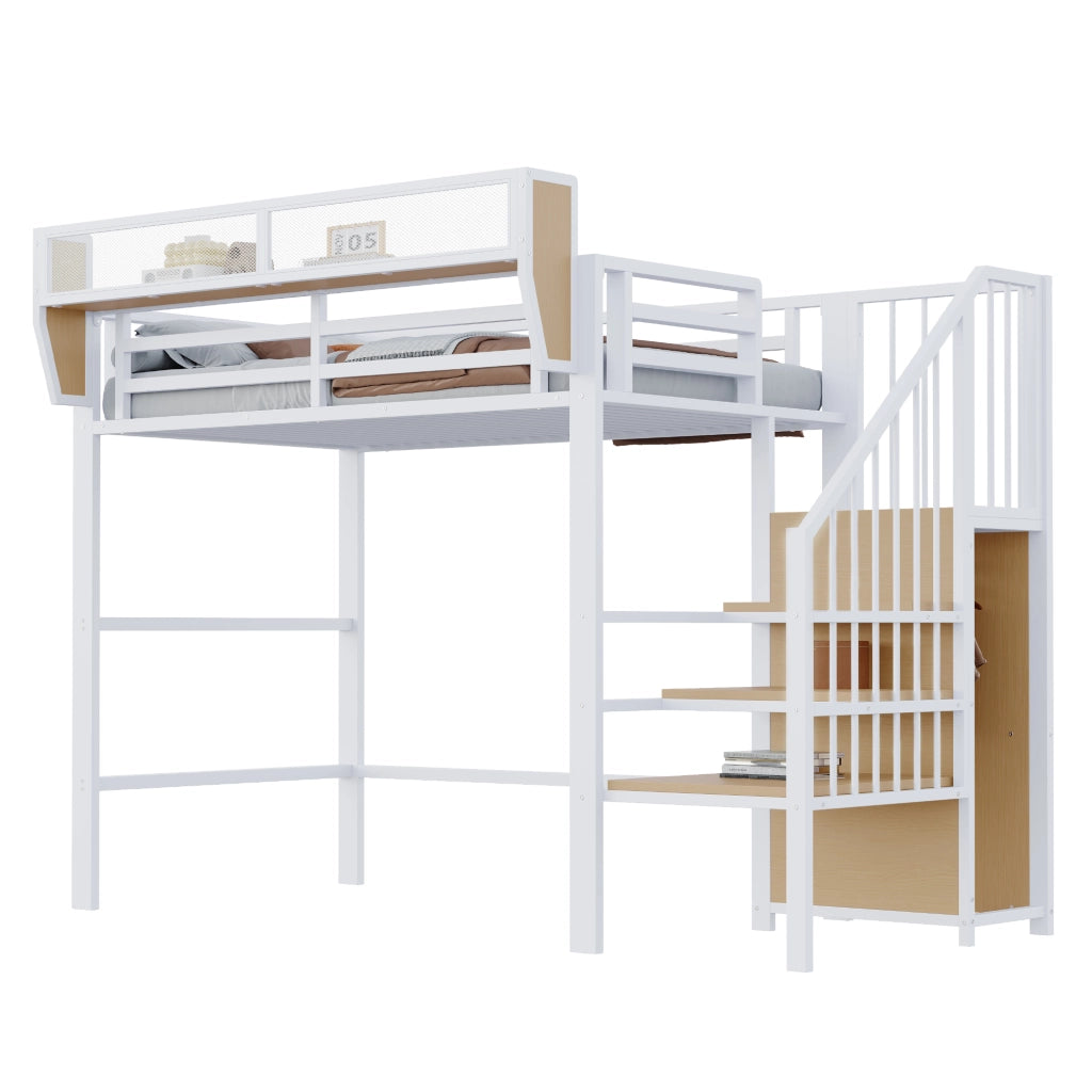 Letto a soppalco 90x200 cm con scala di sicurezza e ripiano regolabile