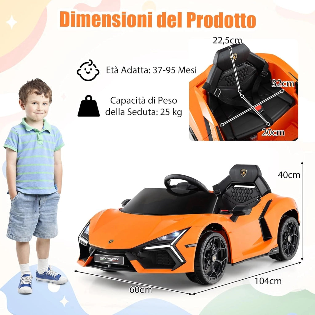 Lamborghini 12V Auto Elettrica per Bambini, Veicolo Elettrico Cavalcabile con Telecomando Luci LED Musica, 3-5 Km/h, per Bambini 37-95 Mesi (Arancia)