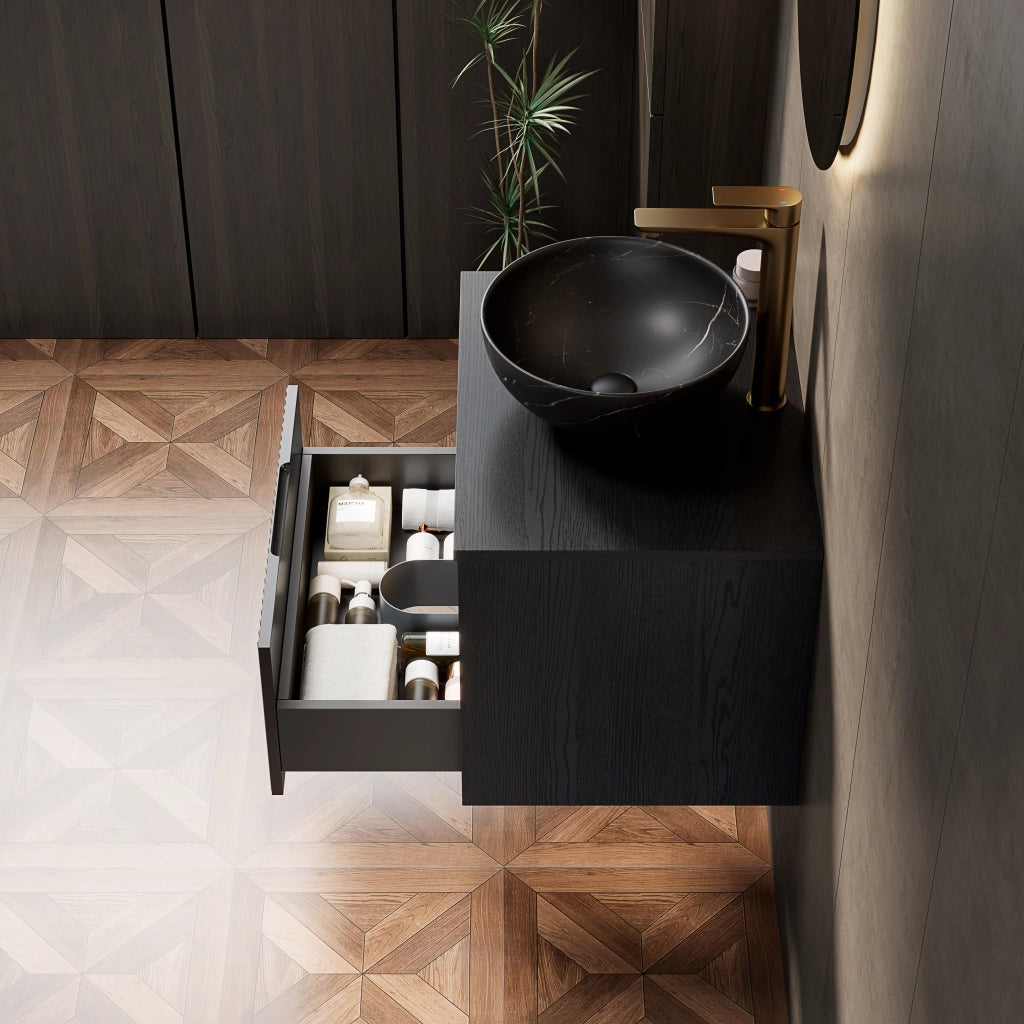 Mobile bagno sospeso con 1 cassetto e 1 vano aperto; lavabo in ceramica e luce LED con sensore; 60×46×60.8 cm