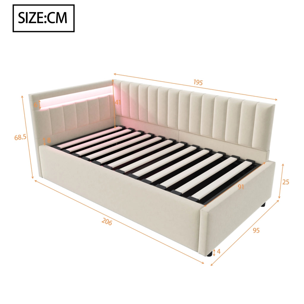 Letti contenitori 90x200 cm con LED e contenitore idraulico; velluto beige (Senza materasso)