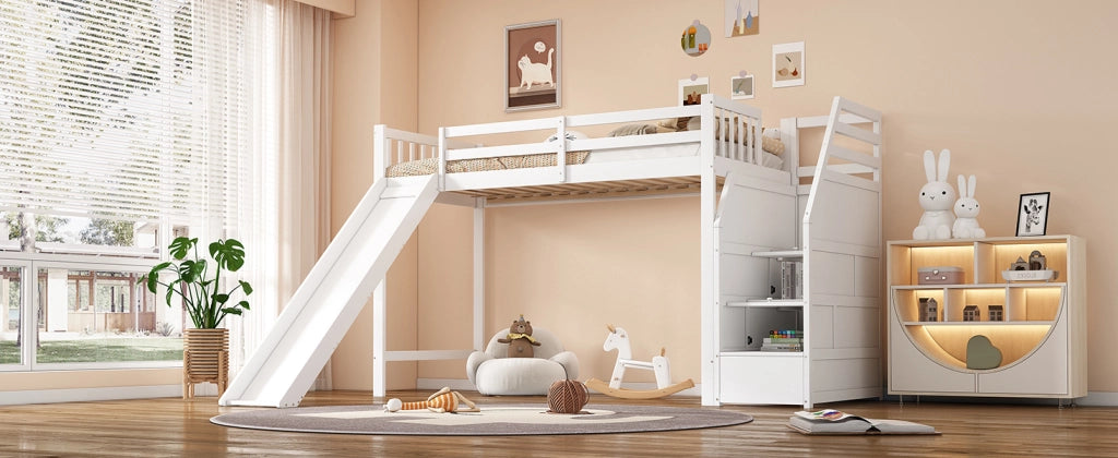 Letto a soppalco per bambini 90 × 200 cm con scivolo, scala contenitore, certificato EN747, senza materasso, bianco
