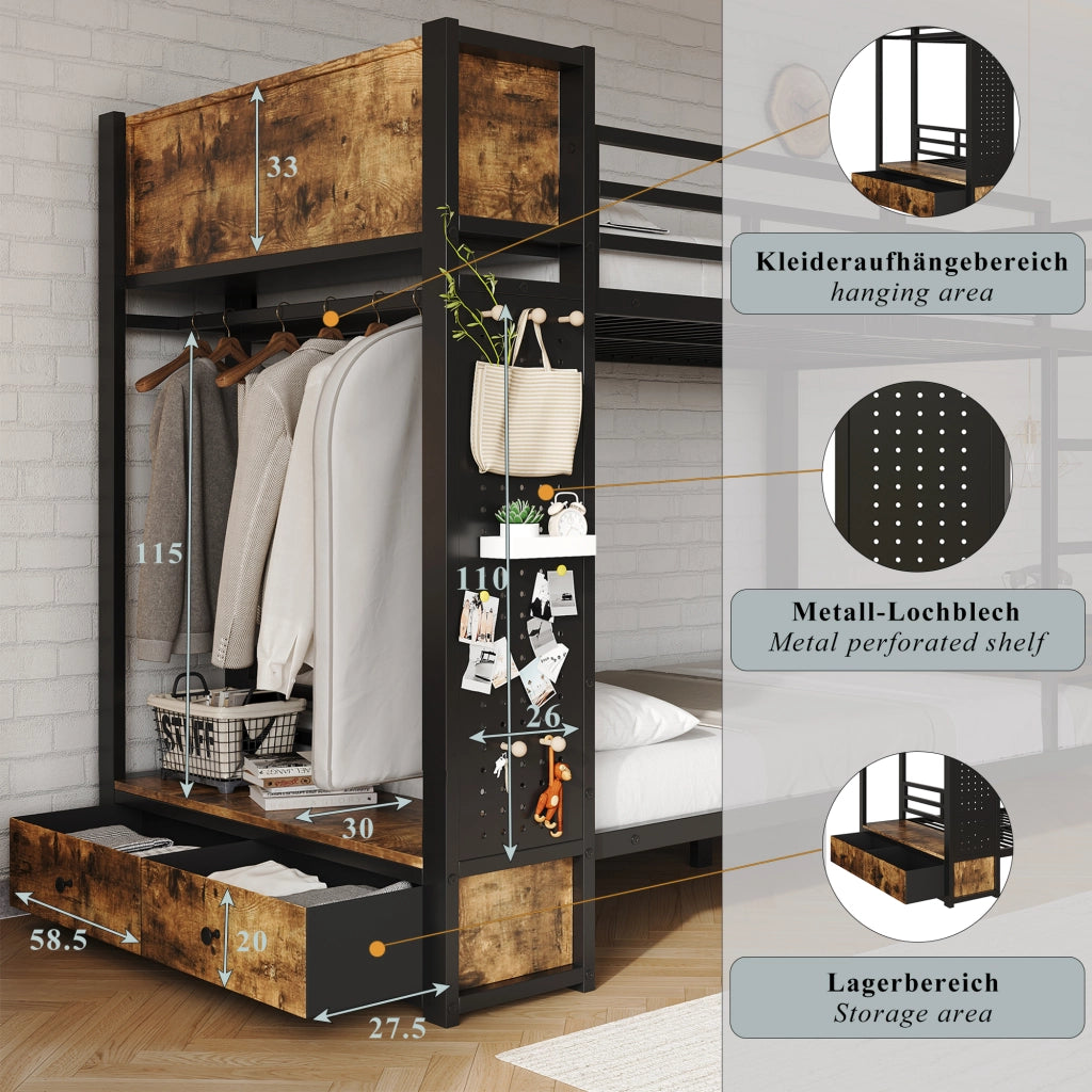 Letto a castello 120 × 200 cm con contenitore laterale, appendiabiti, cassetto, pannello forato et senza materasso