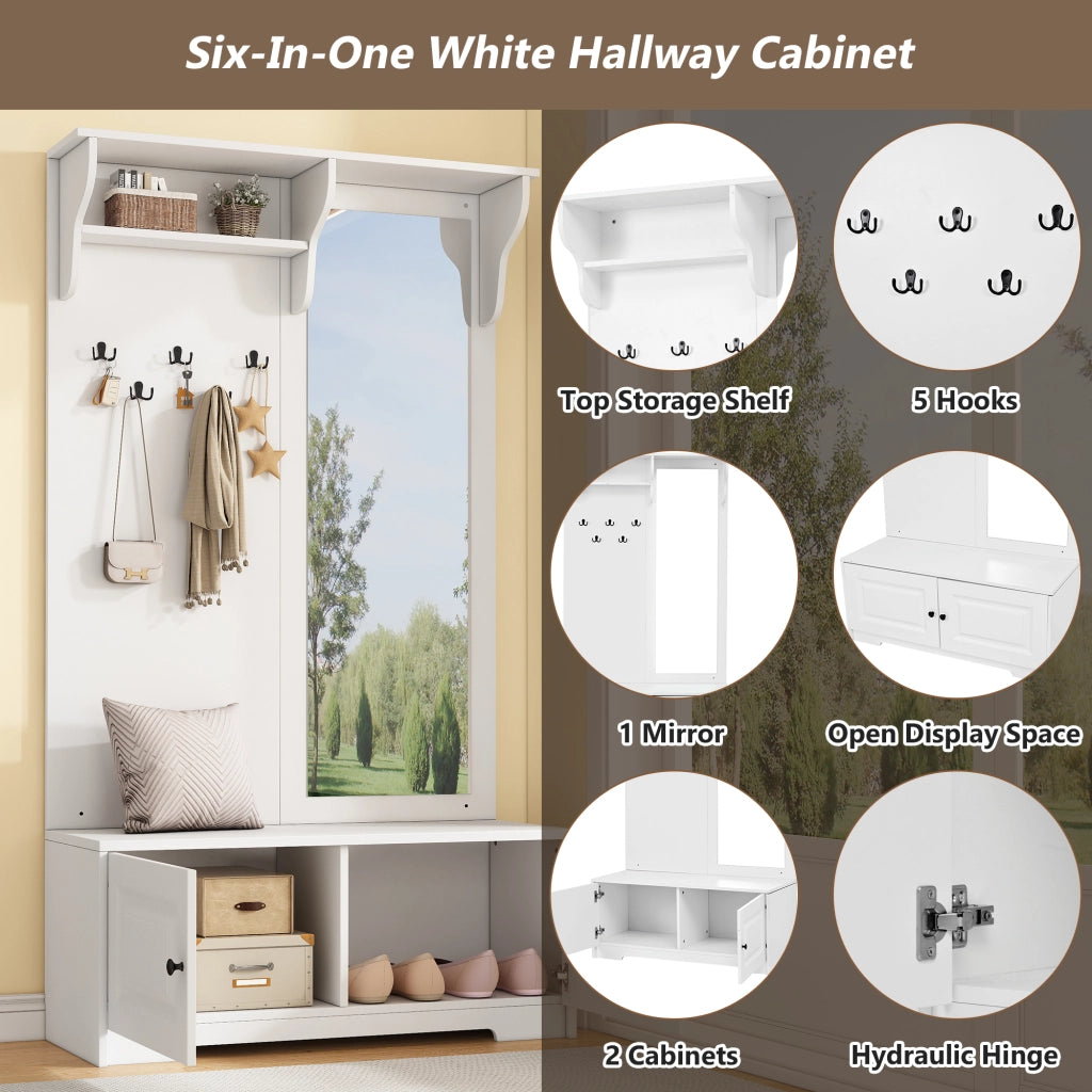 Mobile ingresso con specchio; 5 ganci; 2 vani e panca porta scarpe in MDF bianco 100 Ã— 40 Ã— 180 cm