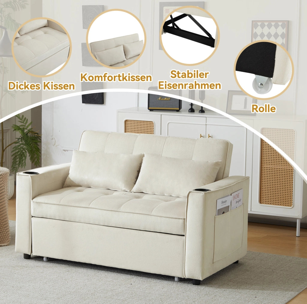Divano letto 2 posti in velluto beige con portabevande e tasche