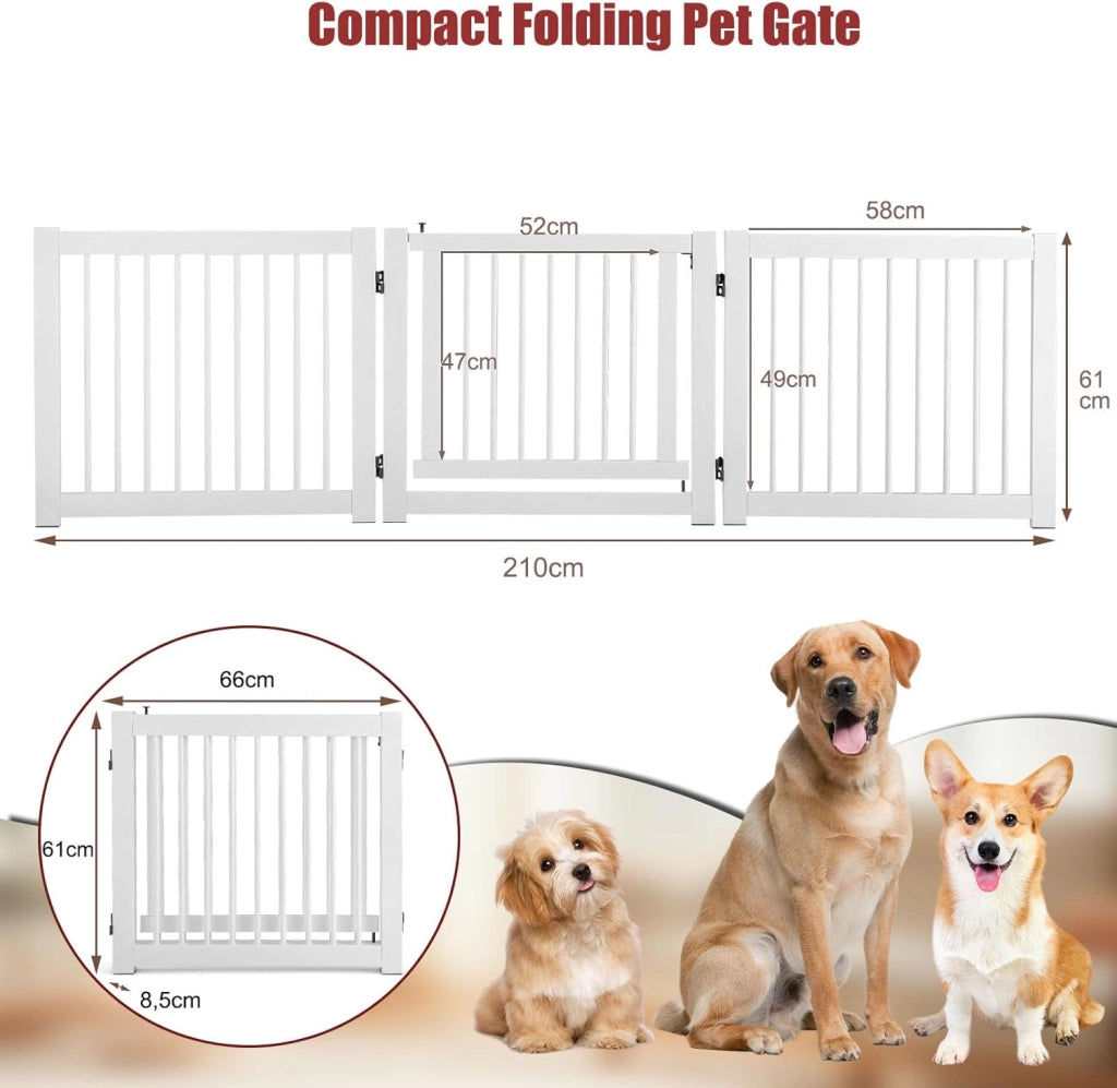 Cancelletto per Cani Pieghevoli 210 x 61 cm, Barriera per Cani in Legno a 3 Pannelli con Porta a Serratura, Recinzione per Scale, Ingressi e Corridoi (Bianco)
