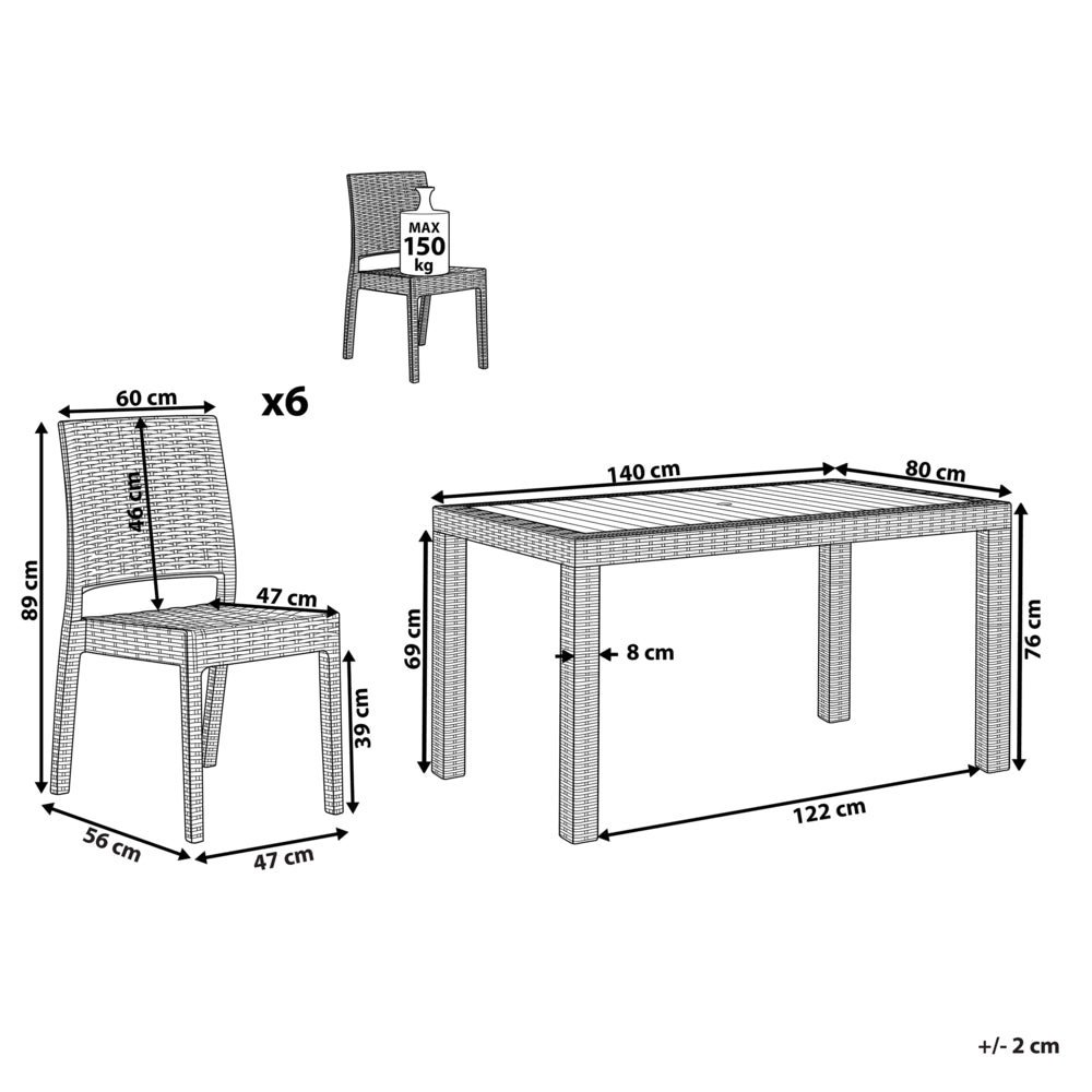 Set da pranzo da giardino Tavolo rettangolare grigio chiaro 140 x 80 cm 6 sedie impilabili 6 posti minimalista