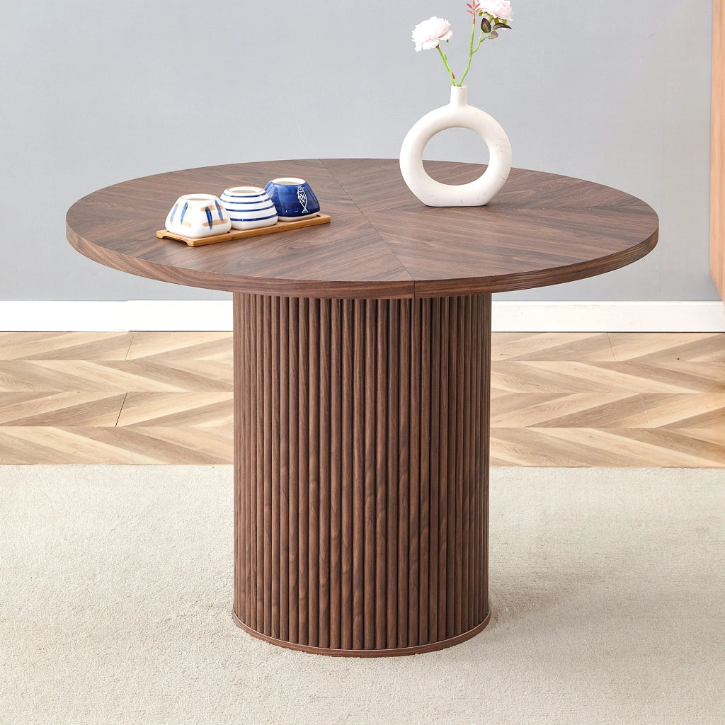 Tavolo da pranzo - rotondo MDF - 4 segmenti effetto noce - Ø100 cm - per 4-6 persone - gambe cilindriche
