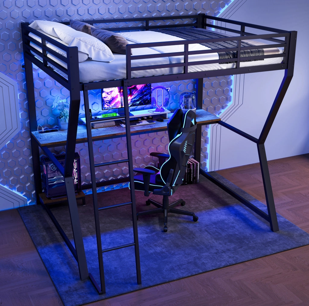 Letto a soppalco 140x200 cm nero con scrivania, LED, presa USB e scaffale PC