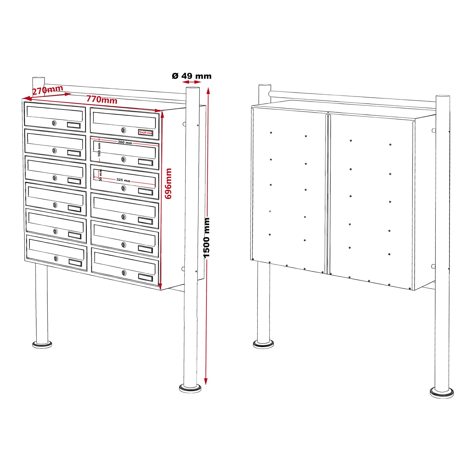 Cassetta postale condominiale autoportante, 12 posti, acciaio inox, 945 x 270 x 1500 mm, 2 moduli