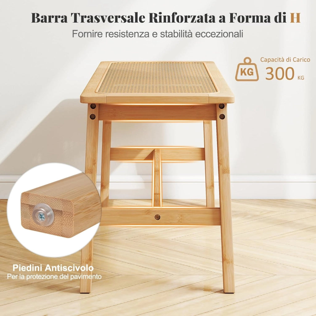 Panca da Pranzo 100 cm in Bambù Naturale, Panchina per 2 Persone con Seduta Rattan Intrecciato a Mano, Panca Stile Fattoria per Cucina, Bagno e Camera da Letto, Sgabello per Scarpe