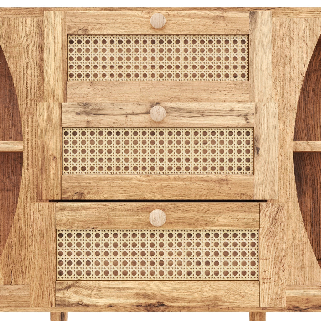 Madia 140.5x40x76 cm con 3 cassetti in rattan; ante scorrevoli e ripiani regolabili in pannello truciolare naturale