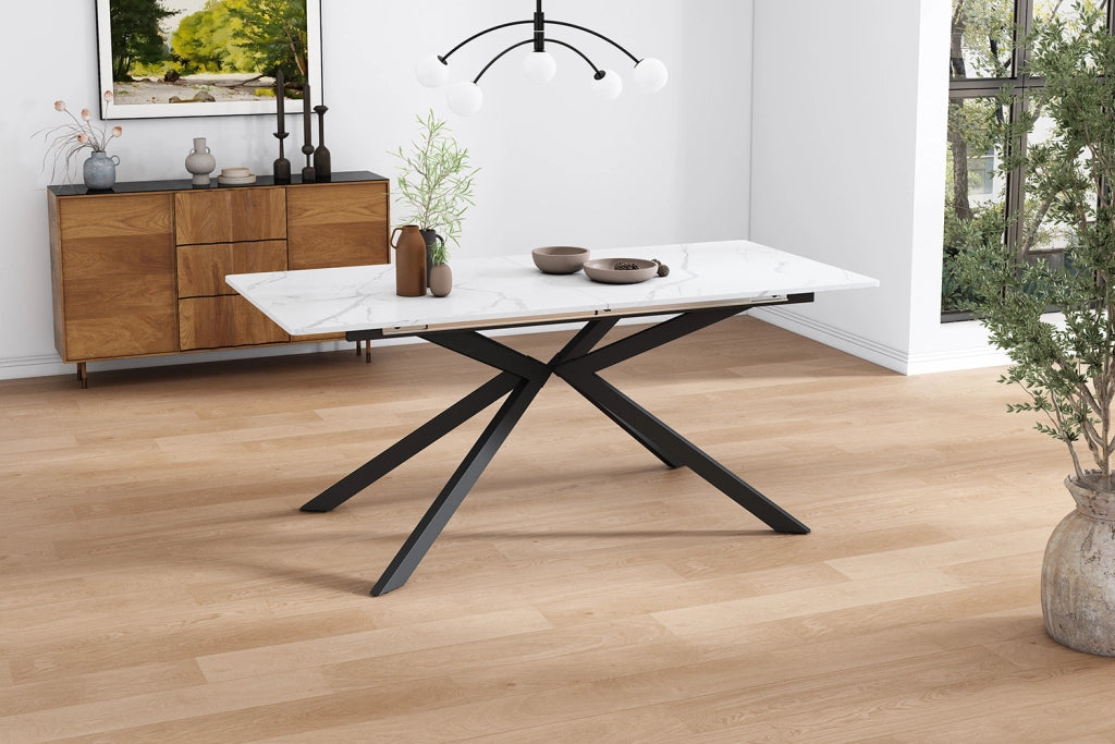 Tavolo allungabile rettangolare con struttura a croce, effetto marmo nero e bianco, 150/180 x 70 x 76 cm