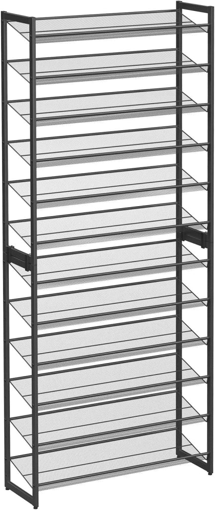 SONGMICS Set di 2 Scarpiere Impilabili a 6 Livelli, Scaffale Portascarpe a 12 Ripiani, Organizzatore per 48-60 Paia di Scarpe, Ripiani a Rete in Metallo, Regolabili in Piano o ad Angolo, Nero LMR12B