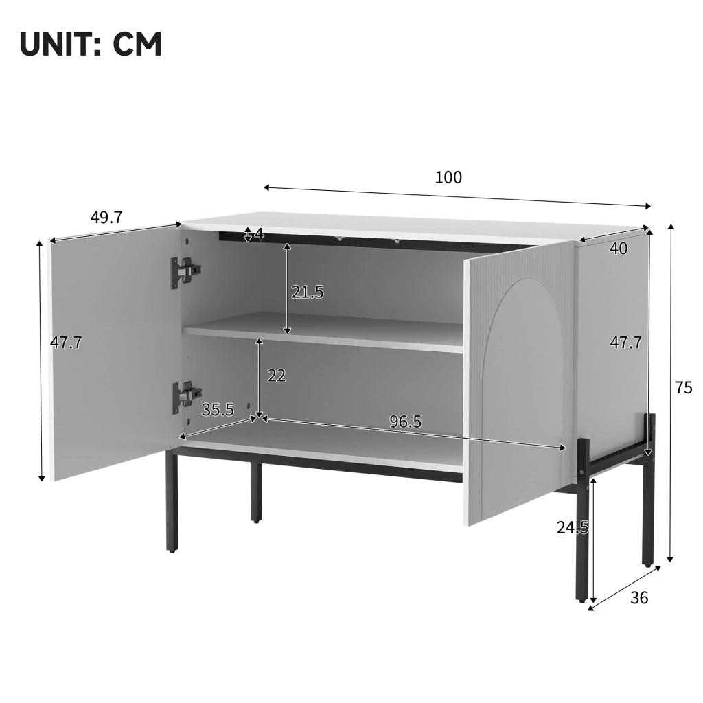 Credenza a 2 ante con gambe in metallo e design ad arco, per soggiorno e sala da pranzo, bianca, 100 × 40 × 75 cm
