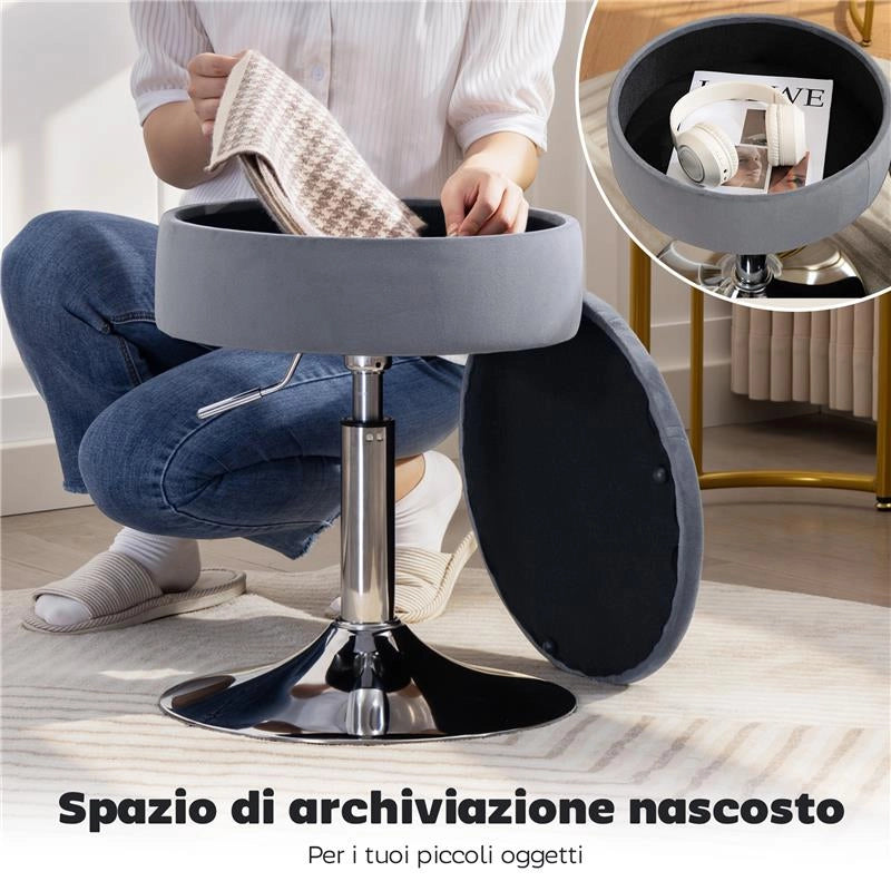SGABELLO DA BAR CON ALTEZZA REGOLABILE E VANO CONTENITORE, SEDUTA GIREVOLE IMBOTTITA SENZA SCHIENALE, GRIGIO