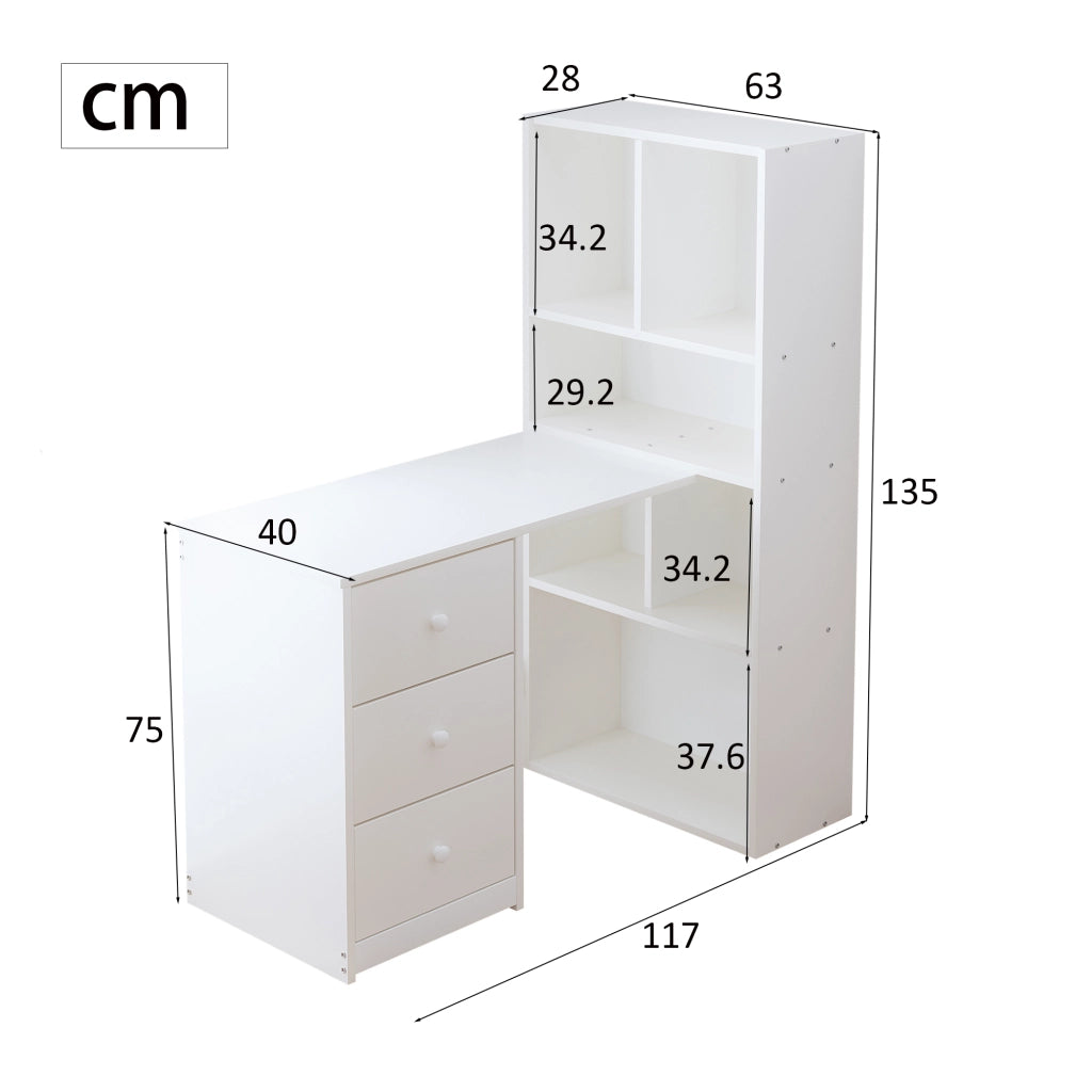 Scrivania angolare con libreria 4 ripiani e 3 cassetti per home office in legno bianco 117 × 63 × 135 cm