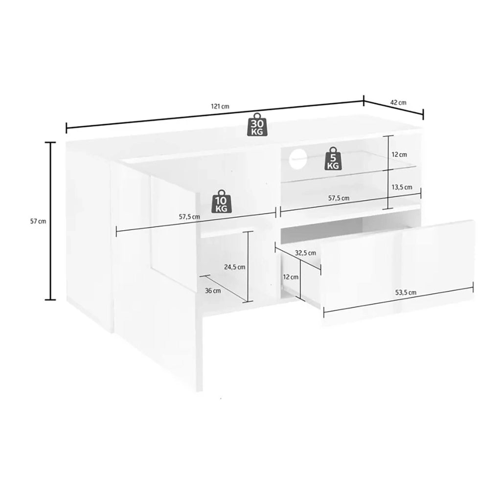 Mobile porta TV Ward, Credenza da soggiorno, Armadio basso per TV, Base parete attrezzata, Made in Italy, 122x43 h57 cm, Bianco lucido