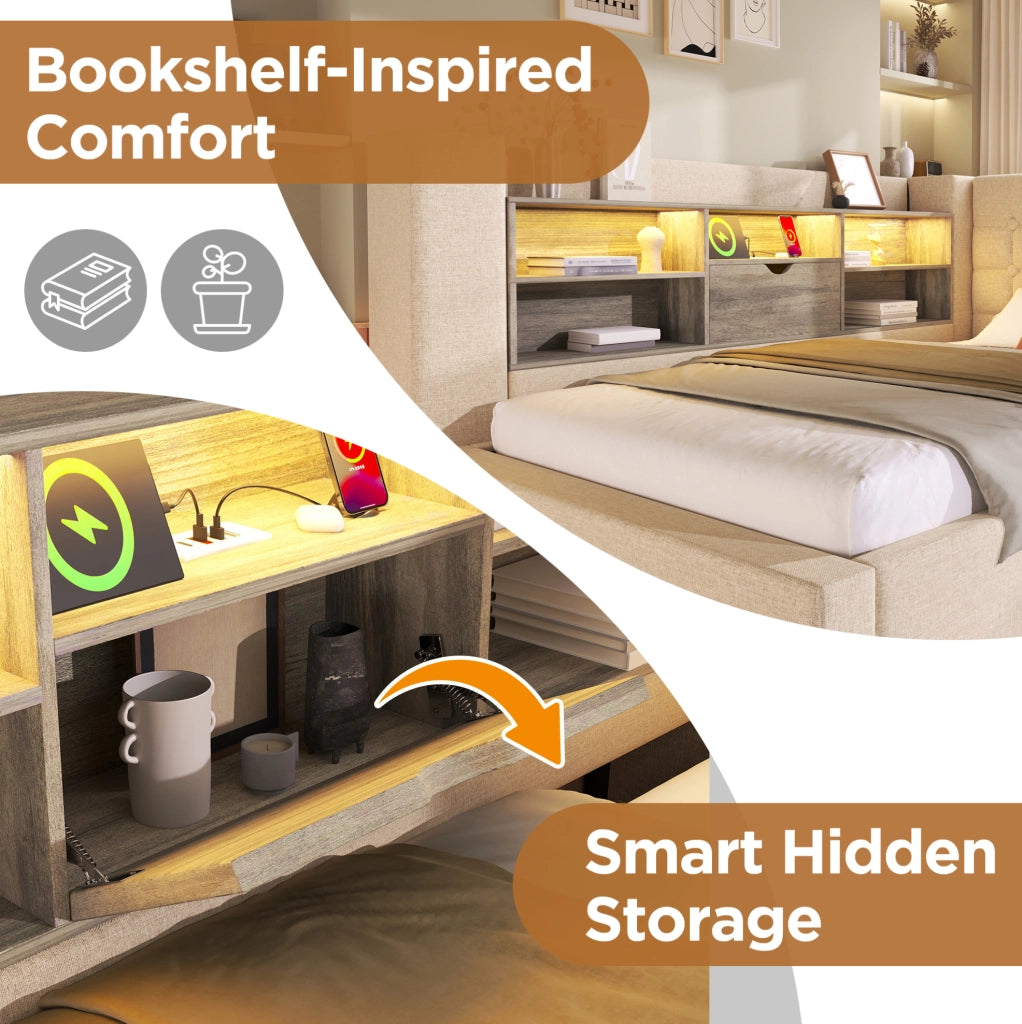Letto imbottito ULEVR 90x200 cm con contenitore idraulico, LED e ricarica USB/USB-C, beige