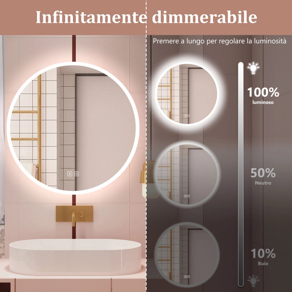 Aica Specchio da bagno a LED+80x80cm+Bluetooth+3 Temperature di Colore+Funzione Antiappannamento