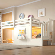Letto a soppalco 90x200 cm in pino e MDF con scala contenitore e LED; bianco