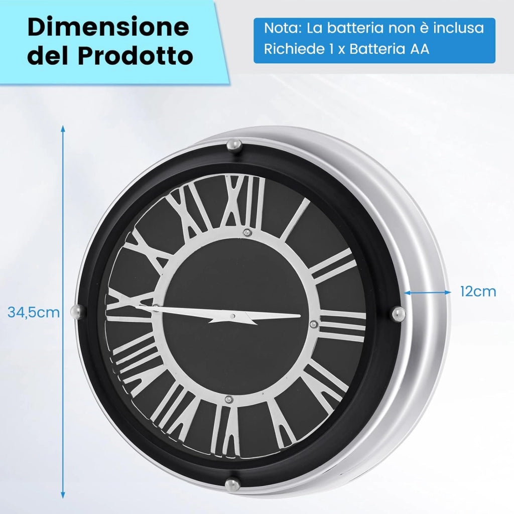 Orologio da Parete 34,5 cm, Orologio Silenzioso con Numeri Romani, Copertura in Vetro, Orologio Moderno Decorativo per Soggiorno Camera da Letto Ufficio (Stile 2 S)