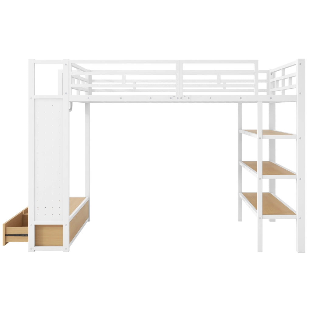 Letto a soppalco 140x200 cm con armadio aperto; ripiani; LED e parete forata bianco