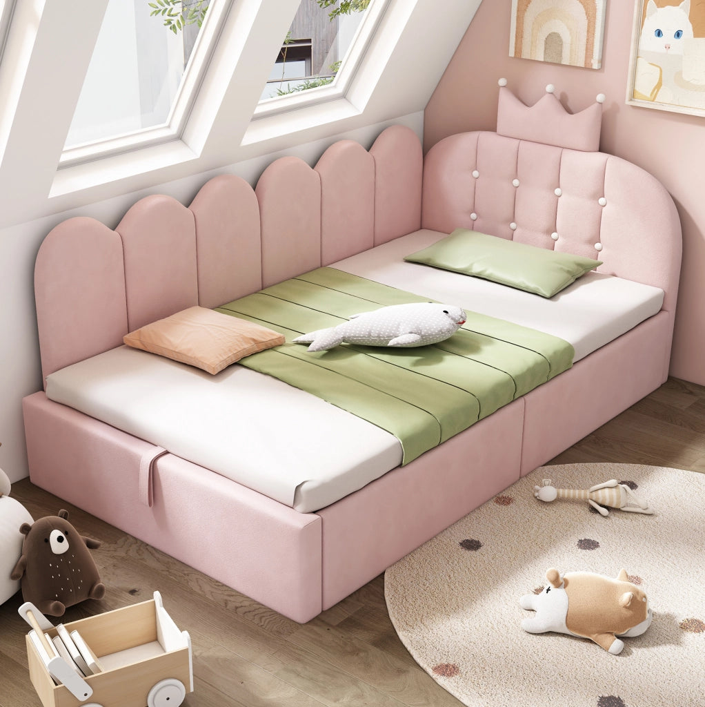 Letto daybed a L con testiera a corona 90x190 cm in velluto rosa con contenitore