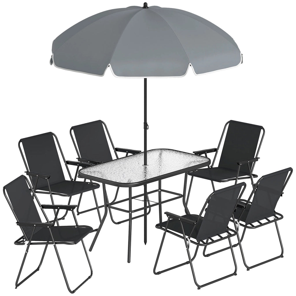 Set 8 Pezzi da Giardino con Ombrellone 6 Sedie Pieghevoli e Tavolo da Esterno in Vetro Temperato Nero
