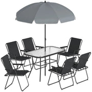 Set 8 Pezzi da Giardino con Ombrellone 6 Sedie Pieghevoli e Tavolo da Esterno in Vetro Temperato Nero