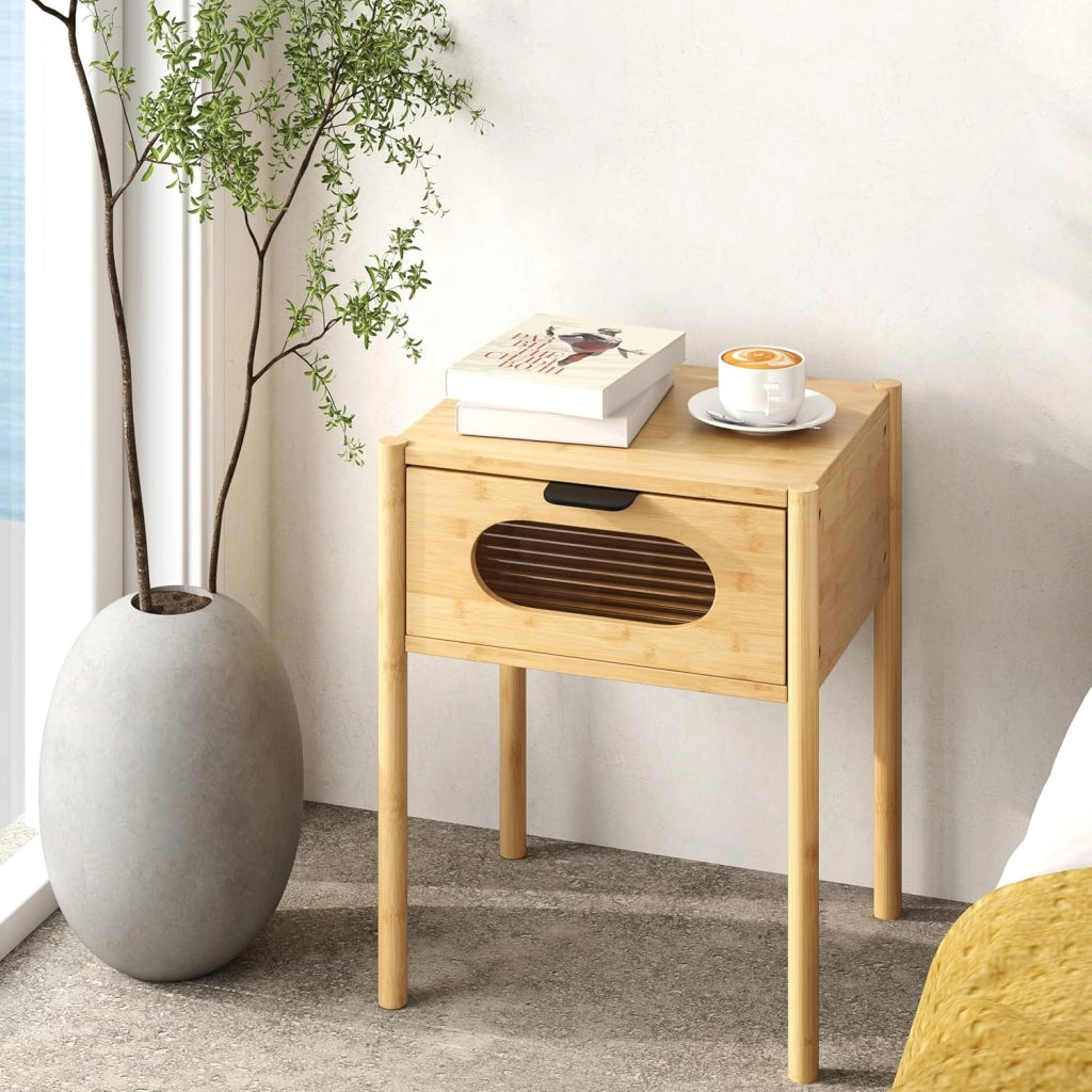 Comodino quadrato in bambù con cassetto portaoggetti in vetro temperato, gambe rialzate, tavolino per camera da letto, soggiorno, piccoli spazi, 40 x 40 x 50,5 cm