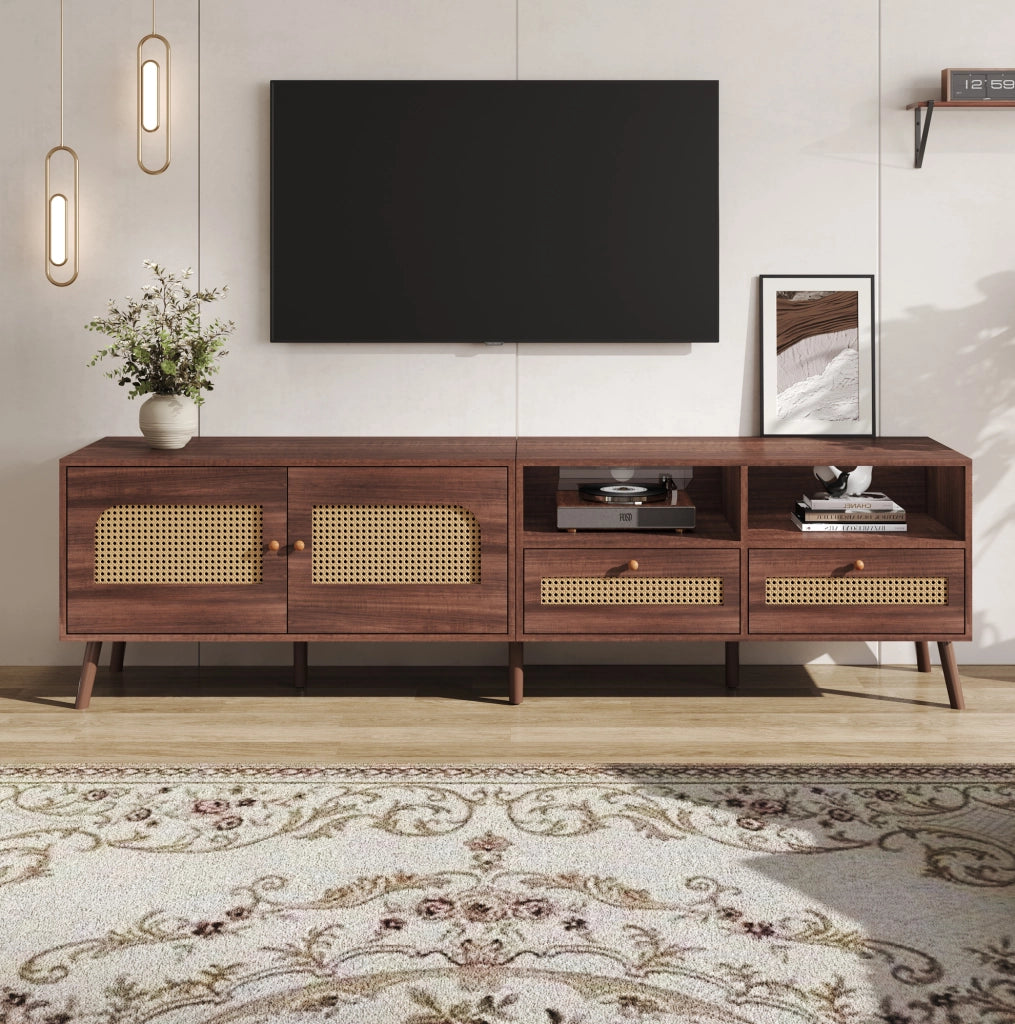 Mobile TV 200x37x49.5 cm per TV fino a 80 pollici con 2 ante in rattan e 2 cassetti; pannello truciolare; marrone