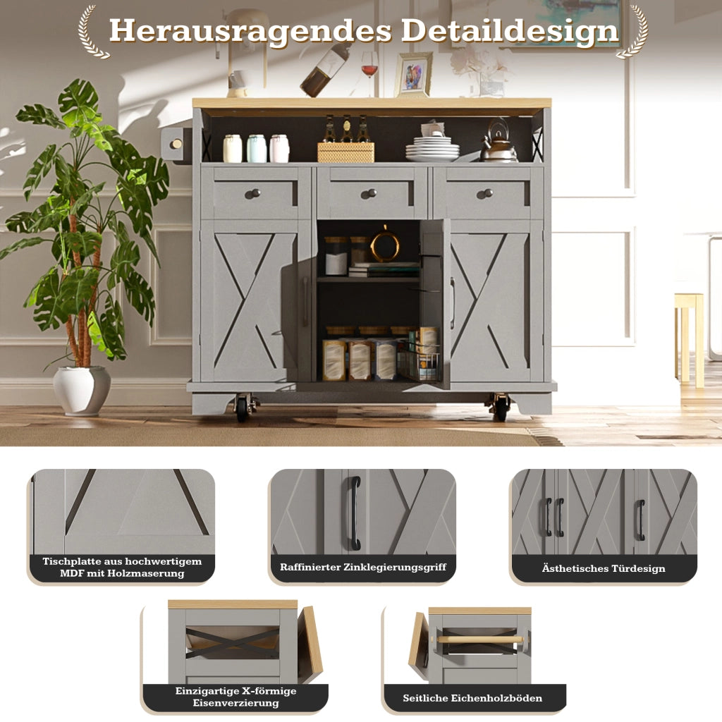 ISOLA CUCINA 118x43-80x98 cm Grigio MDF e Metallo con ruote