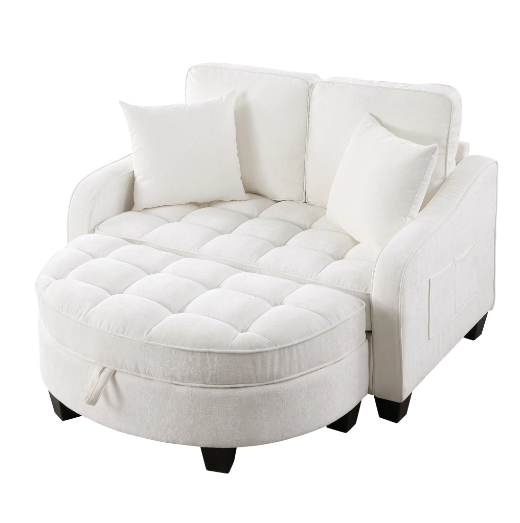 Divano letto 132x129x93 cm 2 in 1 con pouf contenitore in legno di eucalipto beige