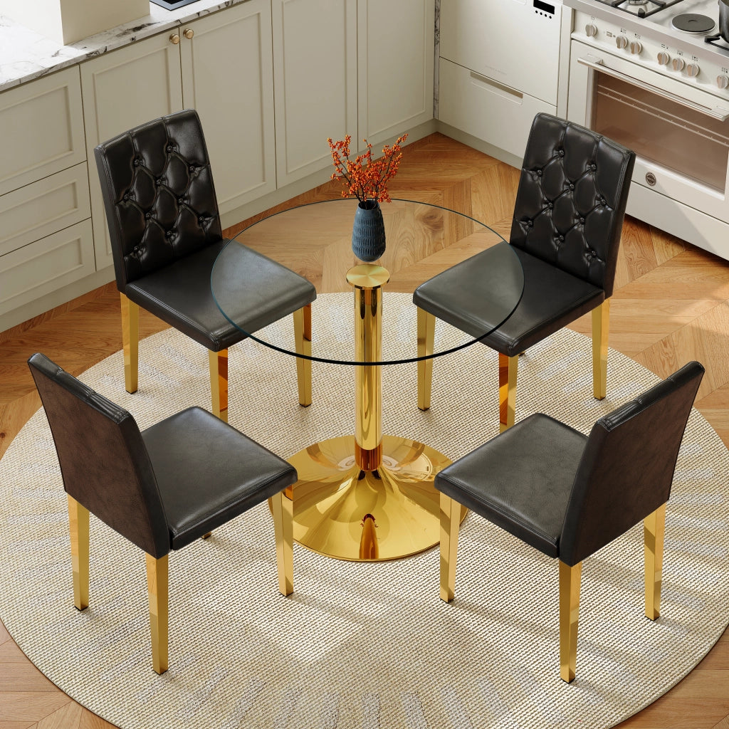 Tavolo da pranzo con 4 sedie in vetro temperato e metallo, nero e oro, diametro 85 cm, altezza 76 cm