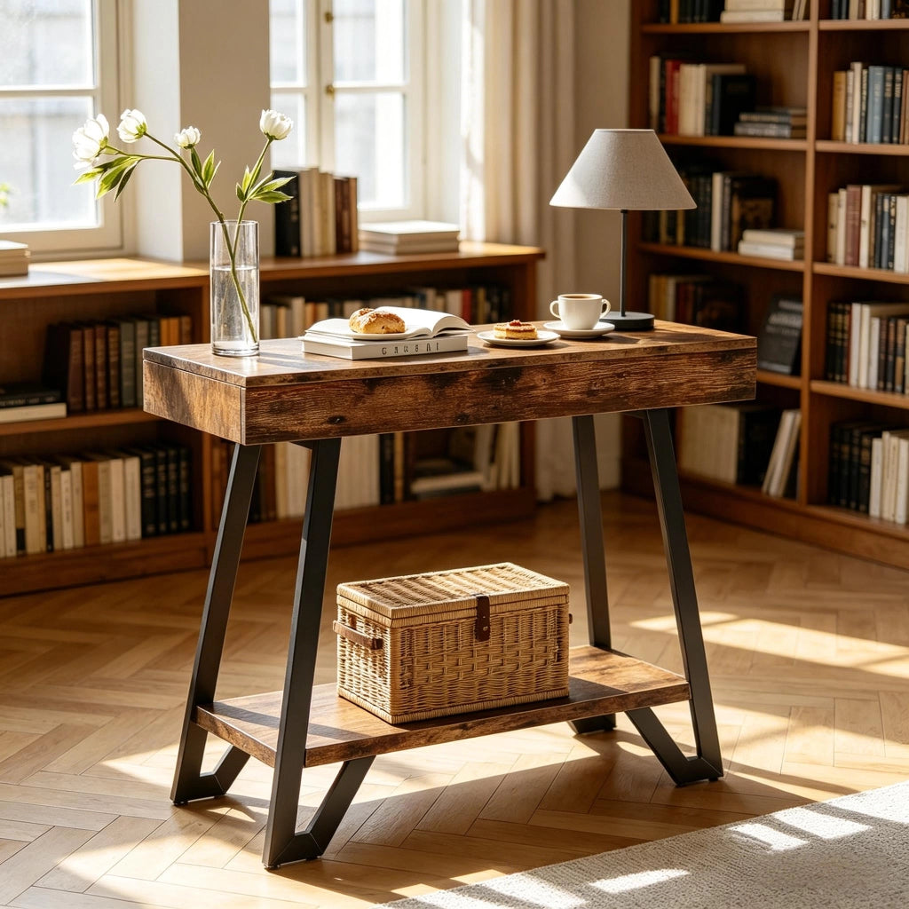 Tavolino basso rettangolare con 2 ripiani, stile vintage industriale, per soggiorno e ingresso, in MDF e metallo, nero
