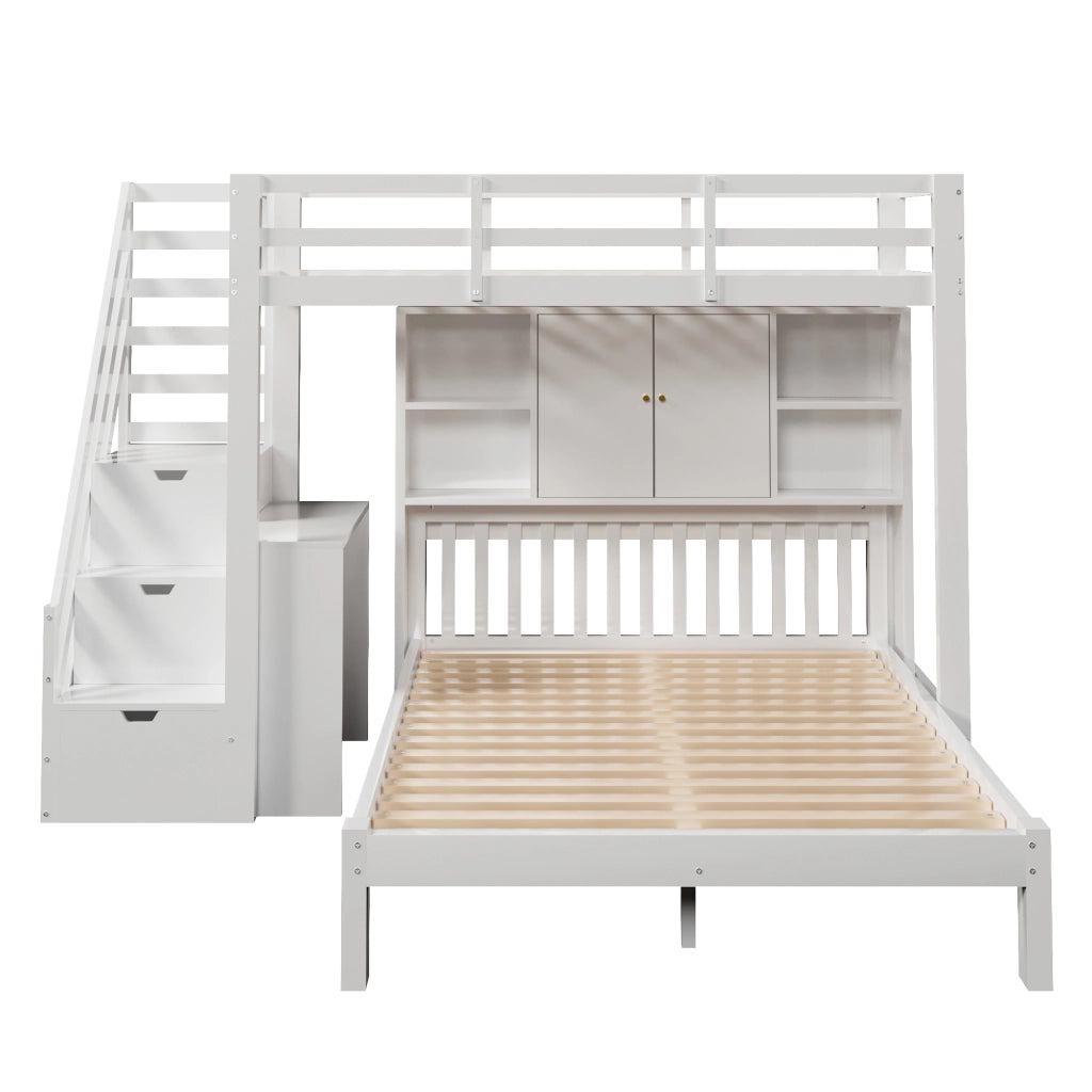 Letto a Castello 90x200 cm e 140x200 cm; con Scala Contenitore e Scaffale; Bianco