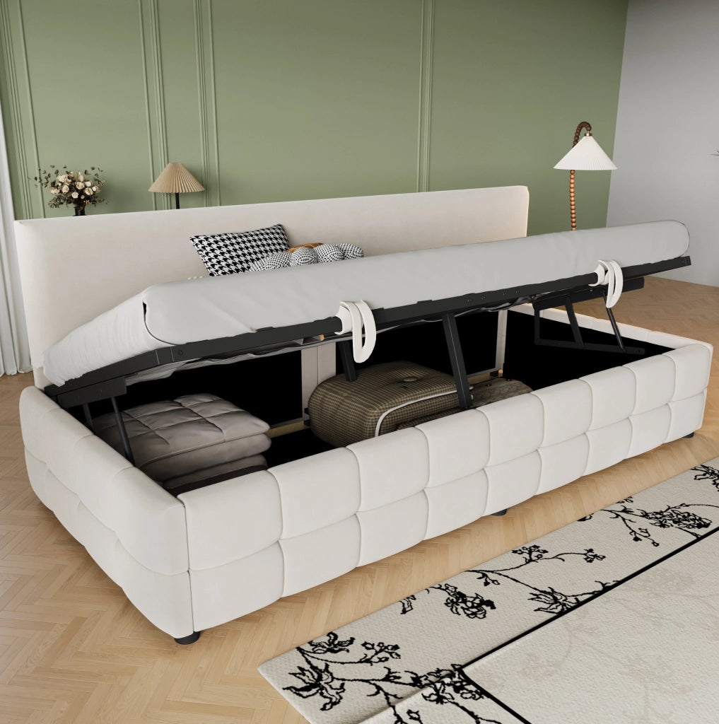 Letto imbottito 90x200 cm con contenitore idraulico beige